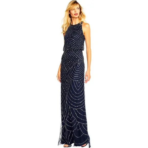 Adrianna Papell 18 Bead Halter Blousen Gown Navy Dress Art Deco Formal NwD - Picture 1 of 14
